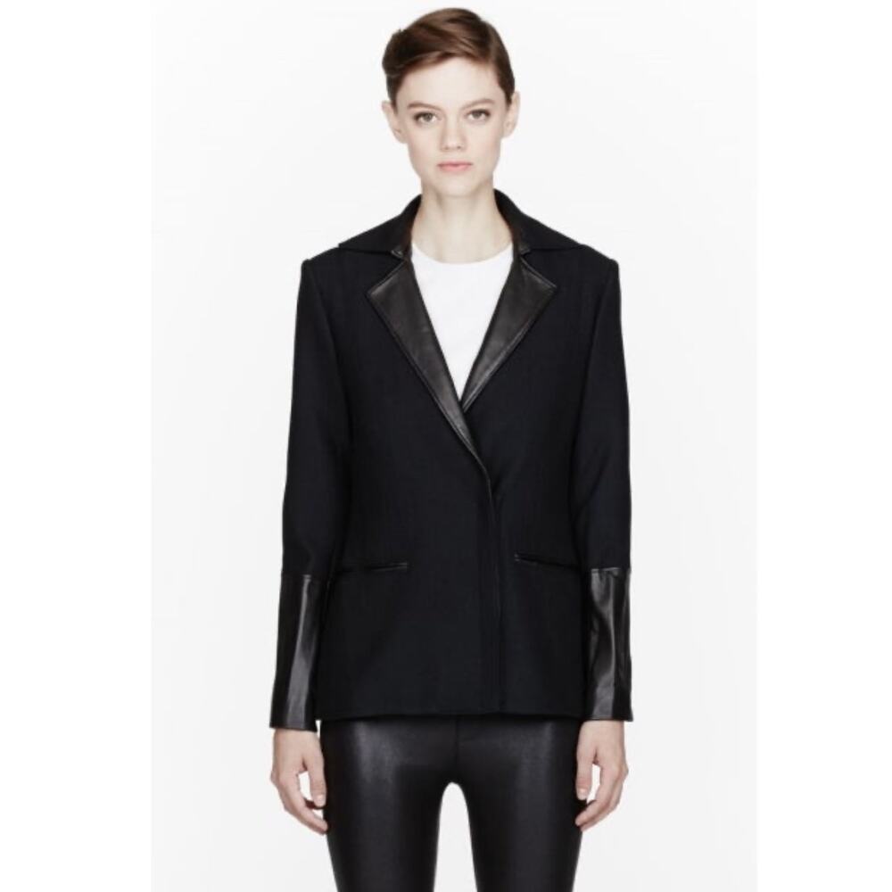 $860 Helmut Lang Black Wool Blazer with Lamb Leather - Size 0